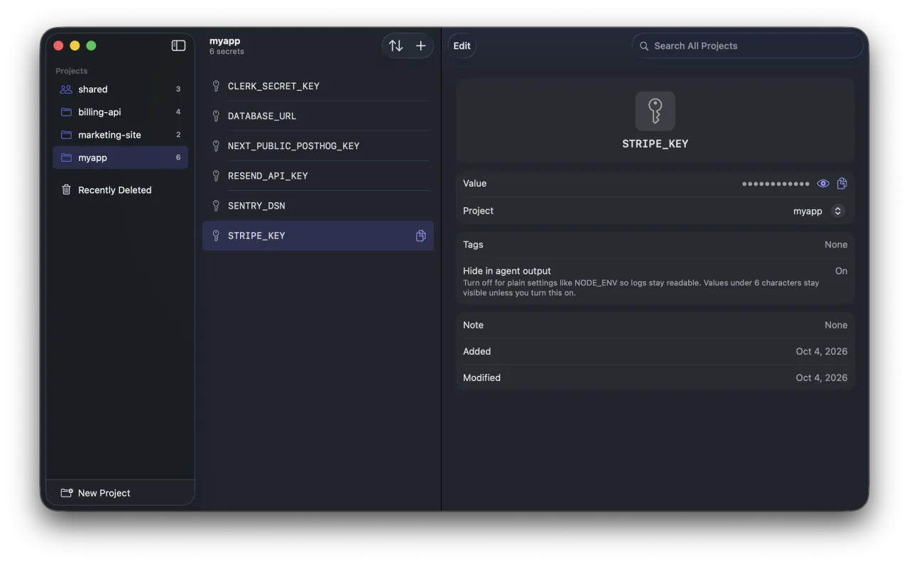The fidelius window: project myapp is selected and STRIPE_KEY is open, with its value hidden.