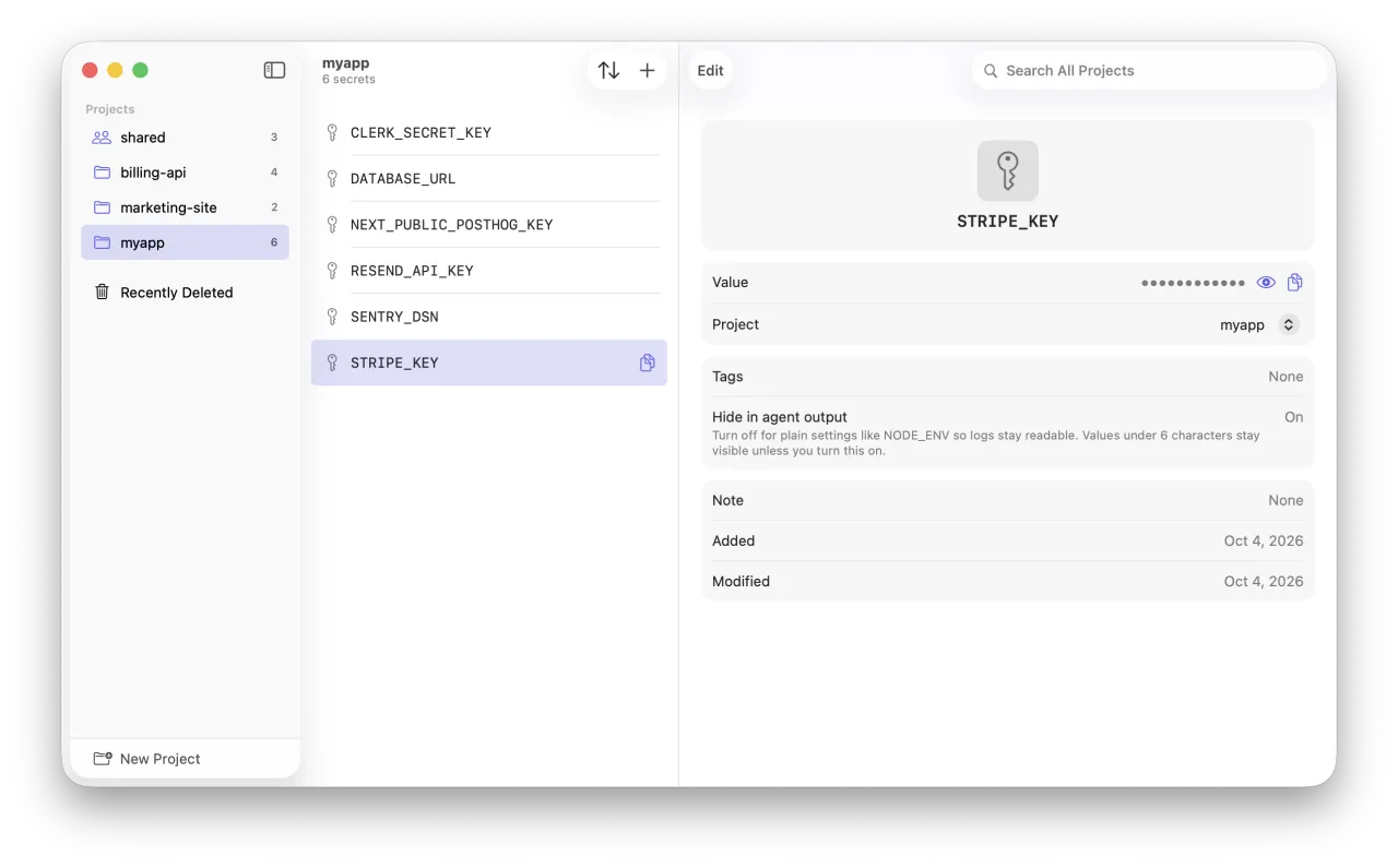The fidelius window: project myapp is selected and STRIPE_KEY is open, with its value hidden.